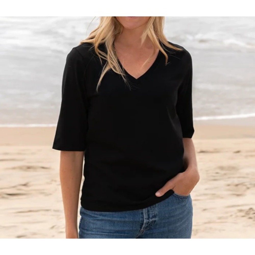 The Classic T-Shirt Company Elbow Sleeve V-Neck Womens XL Black Organic Cotton
